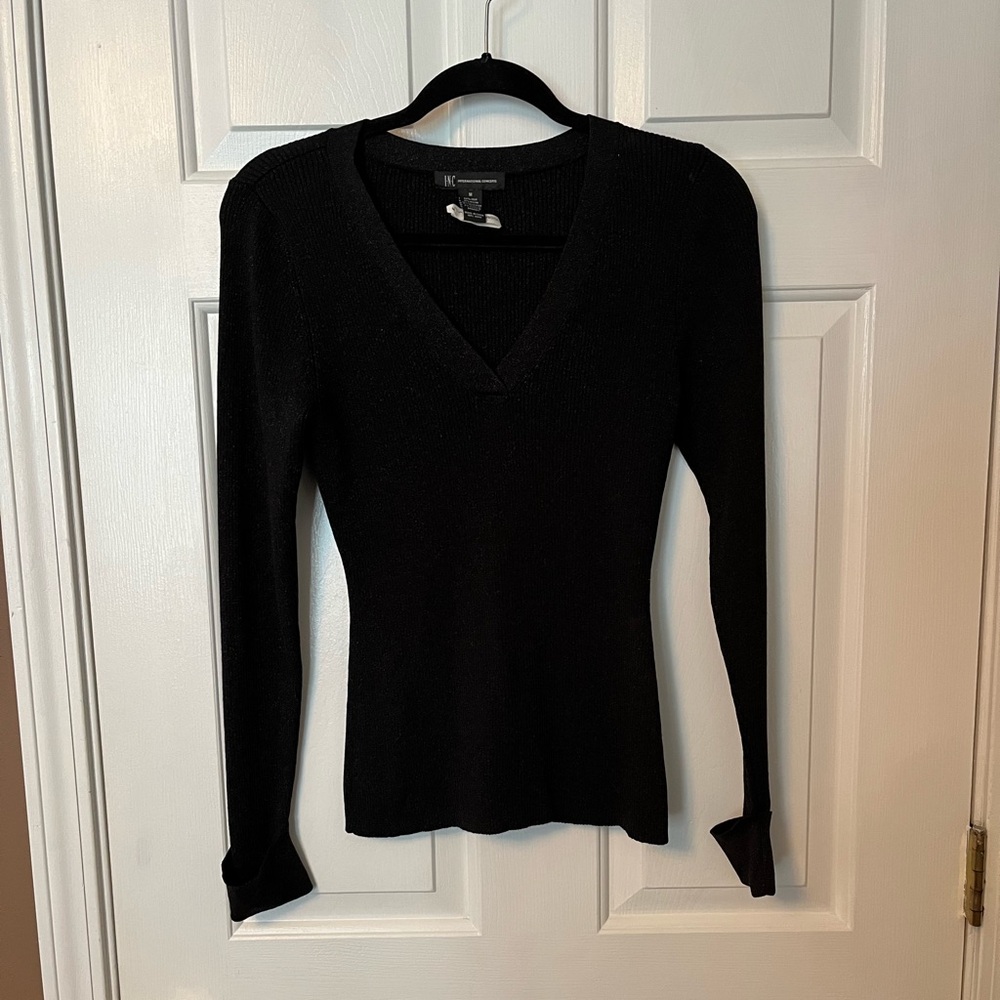 INC Women Long Sleeve Ribbed Knit Top Black V-Neck Glitter Fitted Cuffed Wrist M